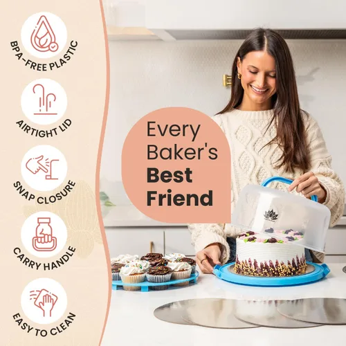 Miniatura 6 de Porta pasteles con tapa y asa, contenedor de almacenamiento de pasteles de 10" con accesorios para hornear, soporte para pasteles con bandeja