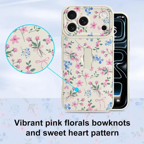 Miniatura 4 de Funda diseñada para iPhone 17 Pro Max con soporte plegable y correa para dedos, bonito patrón de lazo de corazón de flor rosa para mujeres y niñas