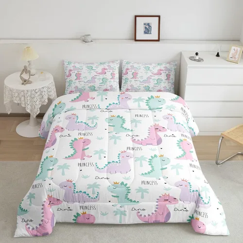 Miniatura 2 de Erosebridal Juego de edredón de dinosaurio, juegos de ropa de cama de dinosaurios rosa y morado para niñas, bonito edredón de animales lindos Multi