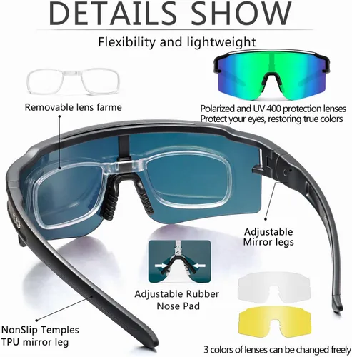 Miniatura 3 de SPOSUNE Gafas de ciclismo polarizadas con 3 lentes intercambiables para mujeres y hombres, TR90 gafas de sol deportivas para correr y béisbol 3