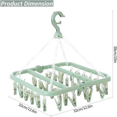 Miniatura 2 de Tendedero de Ropa con 32 Pinzas, Tendedero Colgante Plegable, Gancho Giratório de 360° para Secar Calcetines, Ropa de Bebé, Toallas, Guantes