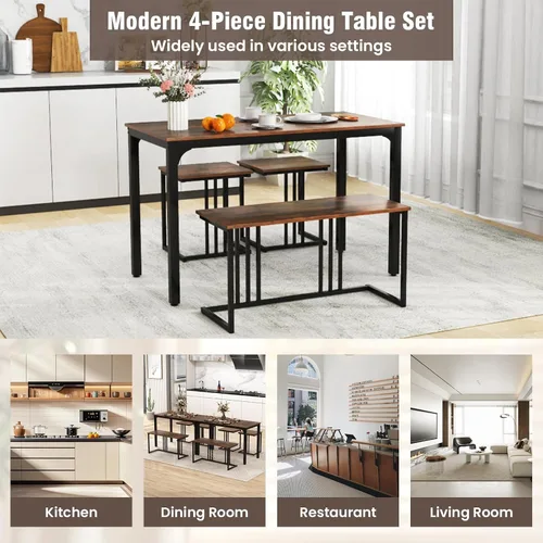 Miniatura 6 de Giantex Juego de mesa de comedor de 4 piezas para 4, mesa y sillas de cocina modernas, juego de muebles anidables con banco y 2 taburetes, juego