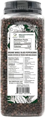Miniatura 2 de Soeos Granos de pimienta negra orgánica, 18 onzas (paquete de 1), sin OMG, kosher, empacados para mantener los granos de pimienta frescos, granos