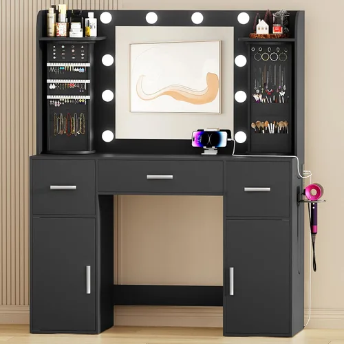 Miniatura 8 de EasyCom - Mesa de tocador con organizadores de joyería giratorios, tocador de maquillaje con espejo y luces, mesa de vestir con estación de carga