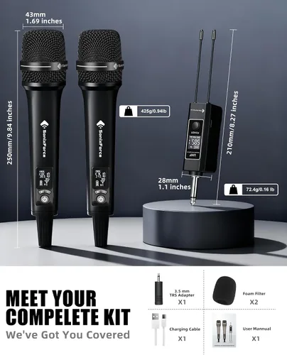 Miniatura 7 de Micrófonos inalámbricos, micrófono de karaoke profesional, sistema UHF de doble micrófono con rango de 260 pies, micrófono portátil de metal
