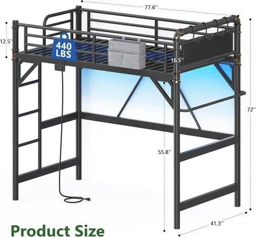 Miniatura 2 de Cama tipo loft de tamaño individual con luces LED y estación de carga, marco de cama industrial de metal resistente con escalera y barandilla
