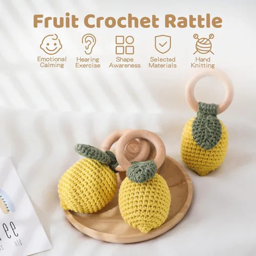 Miniatura 2 de WOODEN TEETHER Sonajero de bebé de ganchillo, juguetes de bebé de ganchillo, juguetes de madera orgánica para recién nacidos, juguetes de sonajero