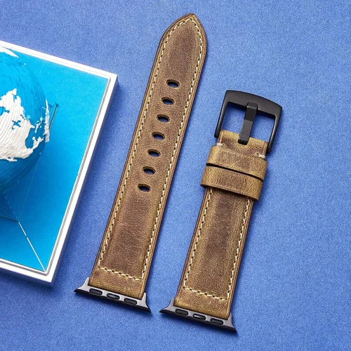 Miniatura 2 de Genuine Leather Watch Band Compatible with Apple Watch,Italian Cowhide,Retro Style,Black Buckle,Golden Brown and Chestnut Brown,38/40/41mm and