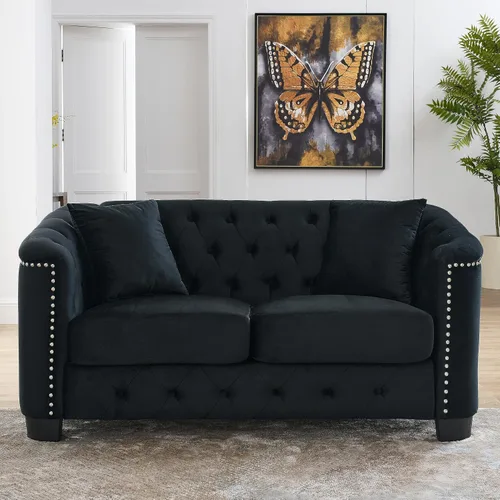 Miniatura 9 de Juego de 2 sofás modernos de terciopelo Chesterfield de 77" para 3 plazas + 59" loveseat, tapizados con respaldos capitoné con brazos de tachuelas
