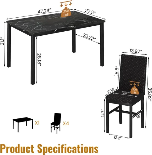 Miniatura 7 de DKLGG Juego de mesa de comedor para 4, mesa de cocina y sillas, juego de 4 mesas de cocina y comedor de mármol sintético con sillas de comedor