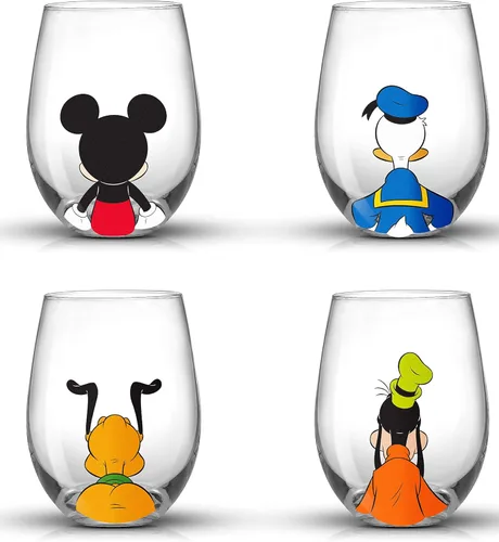 JoyJolt Disney Mickey Mouse Squad Collection Vasos Tumblers. Juego de 4 Copas de Vino sin Tallo de 15 onzas, Vasos sin Tallo para Beber. Artículos