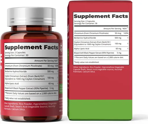 Miniatura 8 de Complejo de berberina 5 en 1 de 500 mg con extracto de canela de Ceilán, cromo, ALA y pimienta negra, apoyo al sistema inmunológico* y bienestar