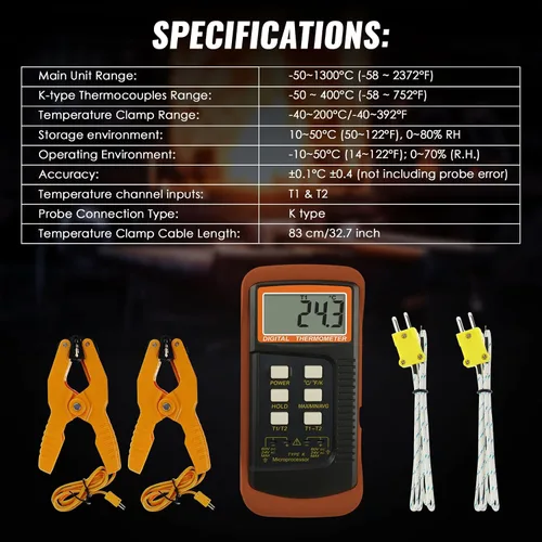 Miniatura 6 de Termómetro de termopar tipo K (-50 ~ 2,372.0 °F), termómetro digital de canales dobles con 2 abrazaderas de temperatura, 2 sondas de termopar