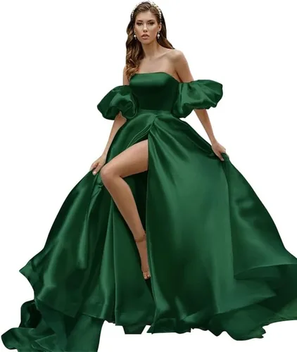 Miniatura 3 de Fanciest Vestidos de fiesta de satén de manga hinchada 2024 con abertura, vestidos largos de baile para mujer, vestidos de noche formales