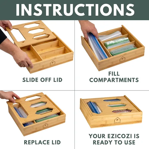 Miniatura 6 de Organizador de bolsas Ziplock de bambú para cajón de cocina, 4 compartimentos para bolsas de galón, cuarto de galón, sándwich y aperitivos, incluye