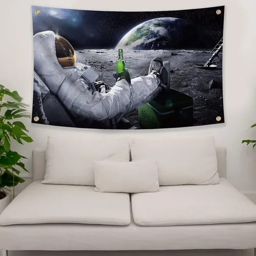 Miniatura 6 de Bandera de astronauta relajante y bebiendo cerveza en la luna en el espacio exterior, tapiz divertido póster duradero de hombre con ojales de latón.