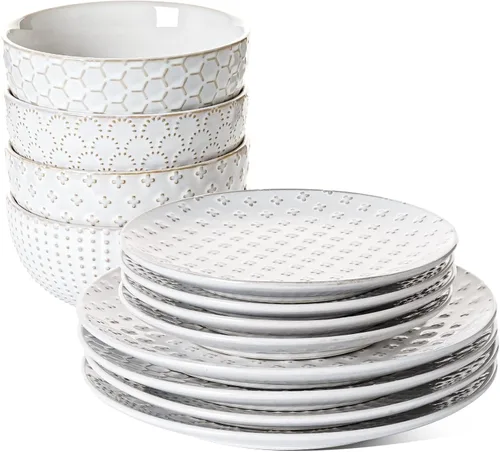 LE TAUCI Juego de vajilla de 12 piezas, juego de platos y cuencos de cerámica, apto para inauguración de la casa (plato llano de 10 pulgadas + plato