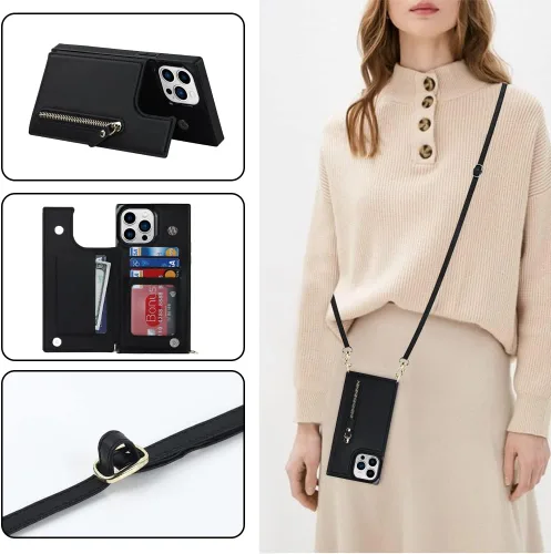 Miniatura 6 de Funda cruzada para teléfono iPhone 13 Pro Max de cuero con tarjetero, funda protectora extraíble, correa de cuero ajustable con botón, compatible