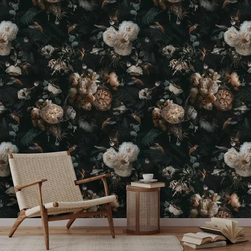 Papel tapiz floral vintage, papel tapiz autoadhesivo extraíble, diseño floral oscuro, peonías y pájaros (1 rollo de 24 pulgadas de ancho x 48
