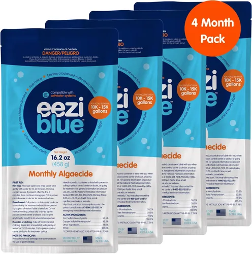Eeziblue Paquete mensual de algicidas para piscina | Refuerzo de piscina para todas las algas en piscinas sobre el suelo y en el suelo, paquete de 4