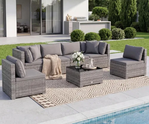 Miniatura 33 de Tangkula Juego de muebles de mimbre de patio de 7 piezas, juego de sofá modular de ratán para 6 personas con cojines de asiento y respaldo, 2 Azul