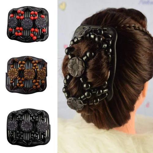 Miniatura 2 de LOVEF 4 piezas de madera doble peines mágicos pinzas para el cabello para mujer, peines para el cabello para hacer moños, accesorios para el cabello