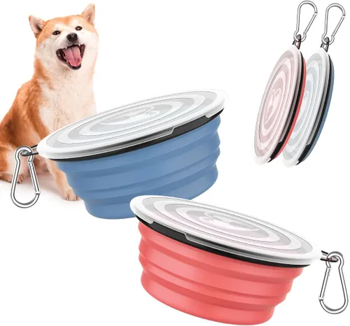 Miniatura 16 de Pawaboo Cuencos plegables 2 en 1 para perros, cuencos dobles para comida y agua, cuenco de silicona portátil de 180° con gancho de metal, comedero