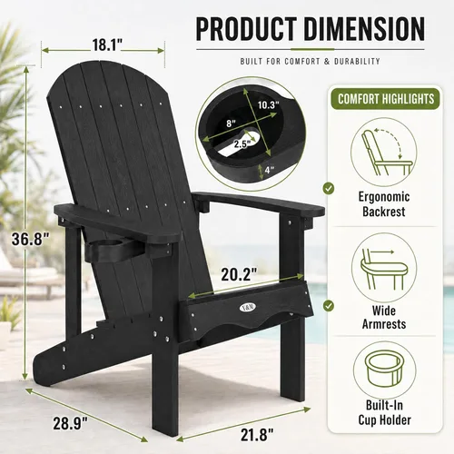 Miniatura 5 de Y&M Adirondack - Silla negra para hoguera, sillas de patio al aire libre con soporte para tazas, resistentes a la intemperie, sillas de patio