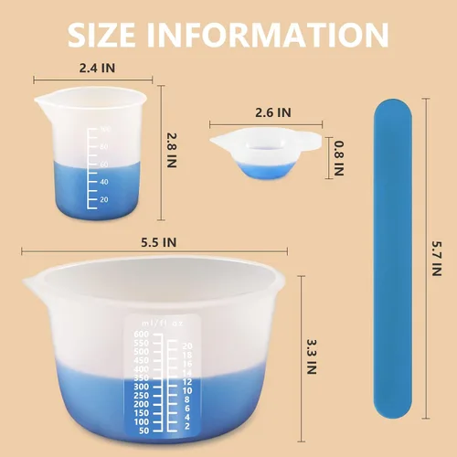 Miniatura 5 de KISREL Tazas medidoras de silicona para resina, suministros de resina con tazas de 600 ml y 100 ml, tazas de mezcla de resina, varillas de agitación