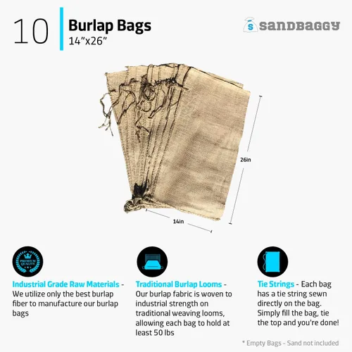 Miniatura 2 de Sandbaggy Bolsas de arena de arpillera - Tamaño: 14" x 26" - Capacidad de peso de 50 lb - Para inundaciones, barrera de agua de inundación, tienda