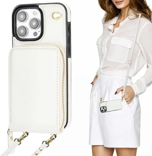 Miniatura 11 de KIHUWEY Funda tipo cartera cruzada para iPhone 15 Pro Max, funda con bolsillo con cremallera y soporte para tarjetas, funda protectora de piel Rojo