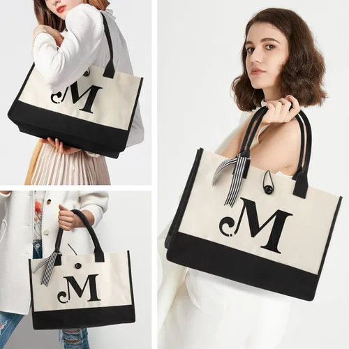 Miniatura 6 de YOOFAN Bolsa de lona con inicial, bolsa de regalo personalizada con monograma para bodas, cumpleaños, playa, vacaciones, regalo para mujeres