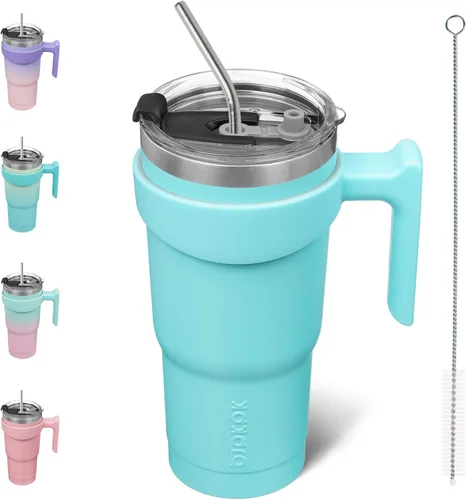Miniatura 57 de BJPKPK Vaso con asa de acero inoxidable de 20 onzas, con aislamiento de doble pared, con tapa y pajita, color rosa claro A-rosa claro