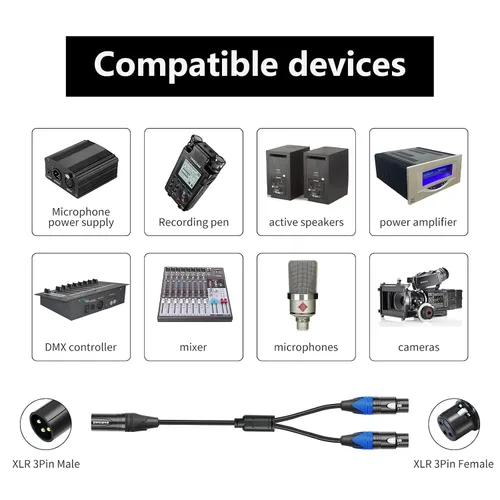 Miniatura 2 de Smithok Cable divisor XLR, cable doble hembra a macho Y (divisor XLR de 3 pines, 2 hembra a 1 macho), adaptador de audio de cable divisor