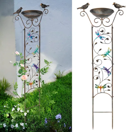 Miniatura 9 de SUNNYPARK Baño para pájaros con enrejado al aire libre, enrejado de hierro antiguo para jardín con mariposas decorativas, cuenco desmontable