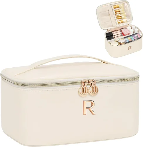 Miniatura 61 de OCHEAL Bolsa de maquillaje personalizada, bolsa de maquillaje beige para mujer, kit de aseo de viaje con monograma, organizador de cosméticos listo