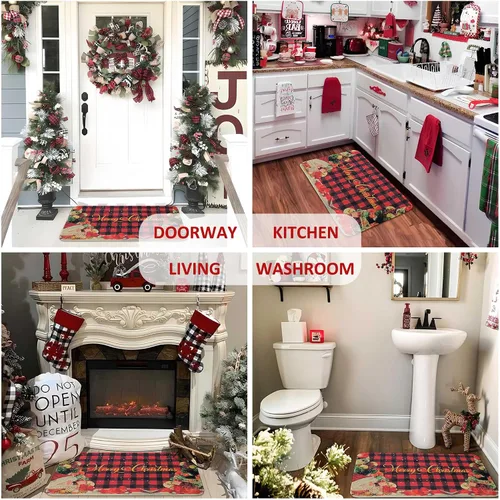 Miniatura 5 de Felpudo Rojo de Búfalo a Cuadros Feliz Navidad Decorativo 30"x17", Felpudo de Árbol de Navidad de Temporada Antideslizante Lavable de Bajo Perfil