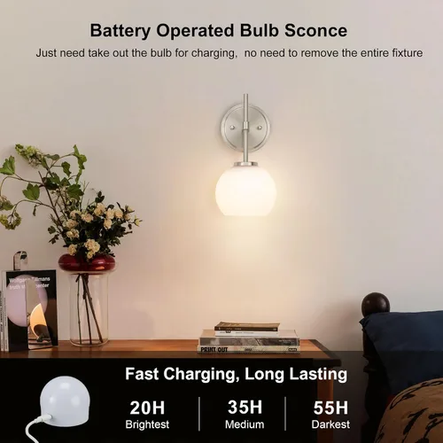 Miniatura 2 de Juego de 2 apliques de pared de níquel cepillado que funcionan con pilas, iluminación de pared inalámbrica recargable con control remoto, luces