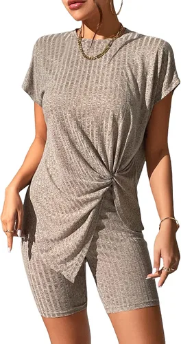 WDIRARA Conjunto de 2 piezas para mujer, camiseta acanalada de manga corta y pantalones cortos de motociclista