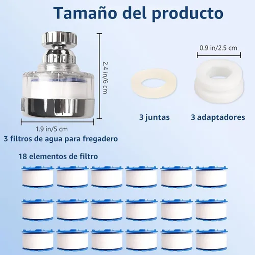 Miniatura 7 de Juego de 3 filtros de agua para fregadero y 18 elementos de filtro, filtro de grifo de fregadero giratorio de 360°, filtro de fregadero de baño que