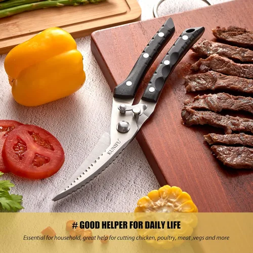 Miniatura 4 de KUNIFU Tijeras de aves de corral, Tijeras de cocina resistentes multiusos para alimentos, carne de pavo, pollo, hierbas, utensilios de cocina, Gris