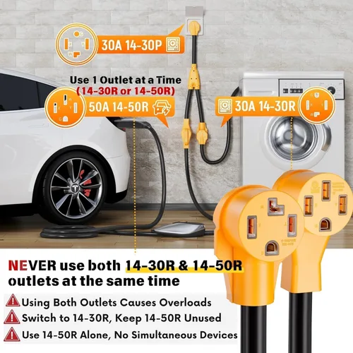 Miniatura 4 de MECMO NEMA 14-30P a 14-50R EV y 14-30R Divisor de salida de secadora de 4 clavijas solo para receptáculos modernos 14-30R, un dispositivo a la vez