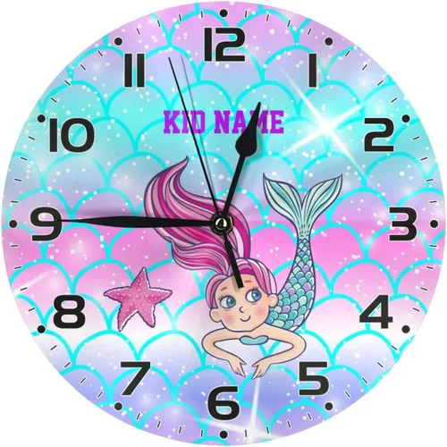 Reloj de pared personalizado con escamas de sirena coloridas y estrellas de mar para habitación de niños, reloj de pared personalizado con nombre de