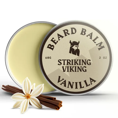Striking Viking Bálsamo para barba para hombres, 2 onzas, aroma a vainilla, hidratante y acondicionador de barba para hombres que suaviza y nutre el
