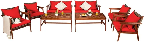 Miniatura 10 de Tangkula juego de 4 sofás de madera de patio, juego de asientos de madera de acacia para exterior con cojines y mesa de centro, juego de sofá