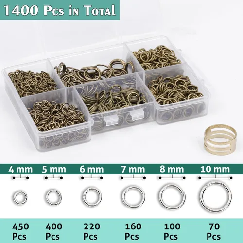 Miniatura 3 de 1400 anillos de salto de tamaño mixto para fabricación de joyas, llaveros, reparación de collares y manualidades de bricolaje, 0.157 in, 0.236 in