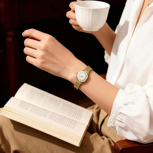 Miniatura 3 de Reloj dorado para mujer con pequeña banda de malla de acero inoxidable, minimalista de dos manecillas, esfera romana de caja redonda, herramienta