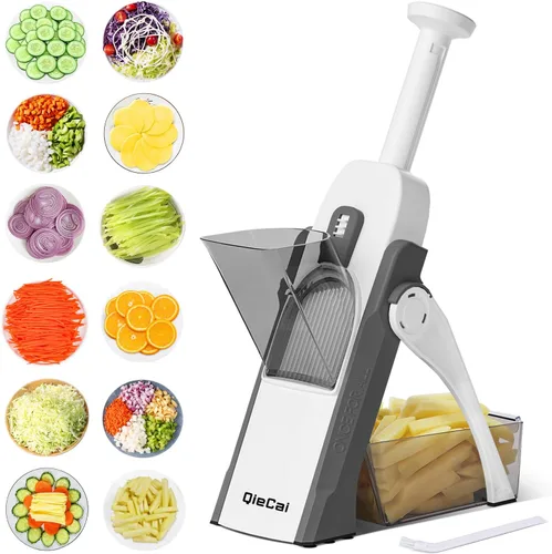 Picadora de verduras de mandolina segura con recipiente para cocina, profesional, más con más de 30 ajustes preestablecidos y ajustador de grosor,