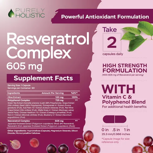 Miniatura 4 de Purely Holistic Resveratrol 1450 mg, 90 porciones, suplemento antioxidante trans-resveratrol con vitamina C y complejo de polifenoles, 180 cápsulas