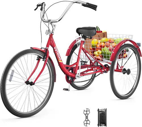 Miniatura 10 de Outroad - Triciclo para adultos, 24/26 pulgadas, triciclo de crucero de 1 velocidad, bicicletas de 3 ruedas con cesta grande para personas mayores